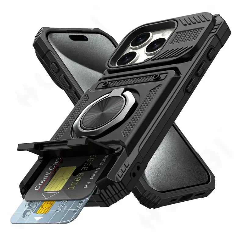 Military Quality Case for iPhone 11 13 14 15 16 Pro Max Magnetic Rotated Ring Kickstand Heavy Duty Drop Protection Wallet Cover