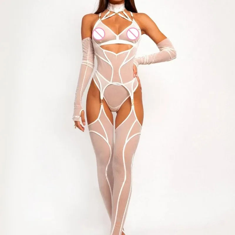 Lingeries Sexy Hot Tempted Intimate Bra Thong 2PC Set with Garter Belts Stockings Gloves Fantasy Sheer Daring Lingerie for Women