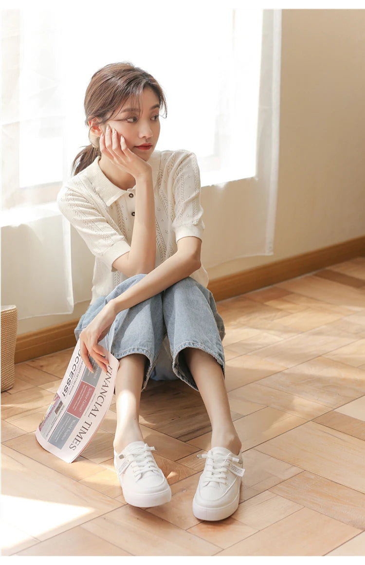 New Summer Fashion 100% Cotton Women Hollow-out Sweater T-shirt Short-sleeve Polo Collar Pullover Tees Korea Casual Knitted Tops