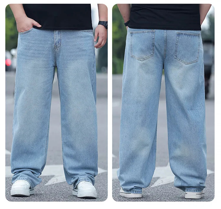 FENROOST Plus Size Men's High Waist Straight Leg Jeans Four Seasons Loose Baggy Denim Trousers Casual Versatile Long Pants New
