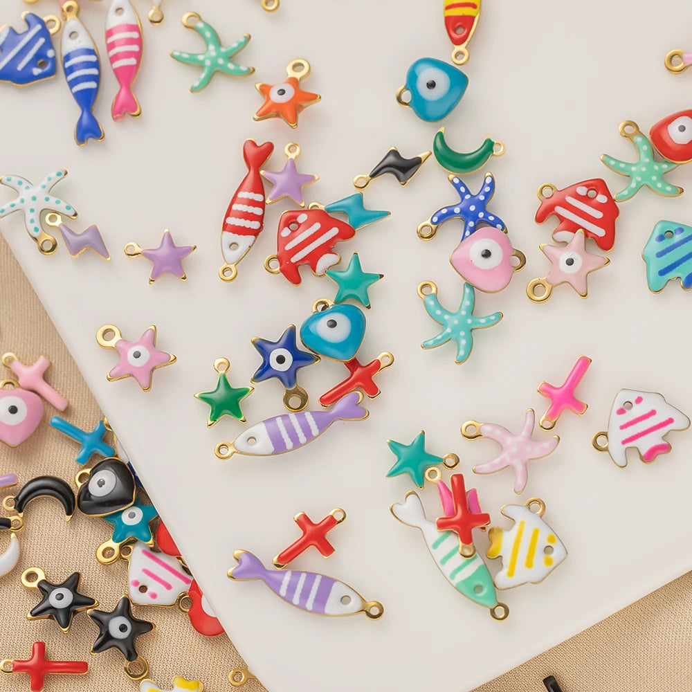 20pcs Stainless Steel Enamel Charms Mixed Moon Star Cross Fish Animal Charm Pendant DIY for Necklace Bracelet Jewelry Making