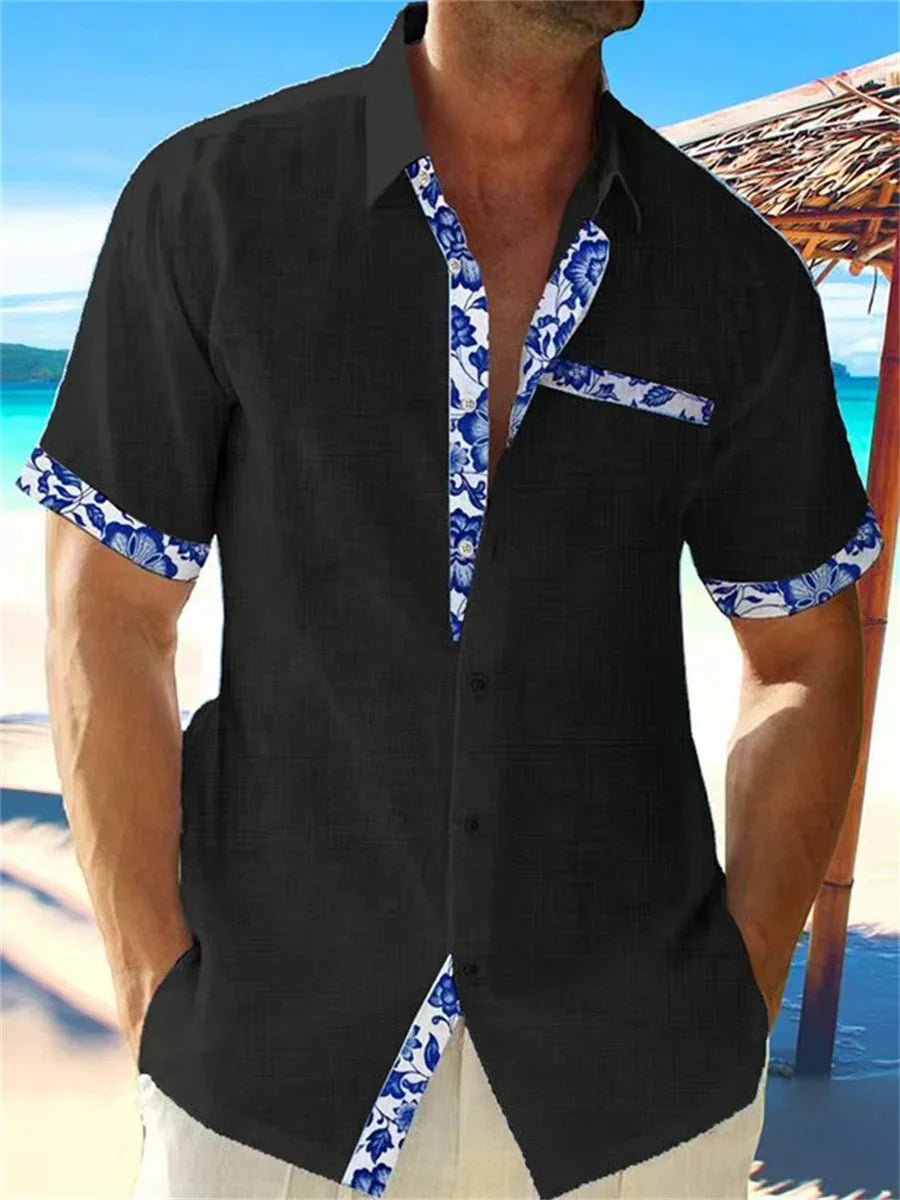 2024 new summer shirt men's Hawaiian shirt casual fashion street short -sleeved beach resort men's pocket shirt
