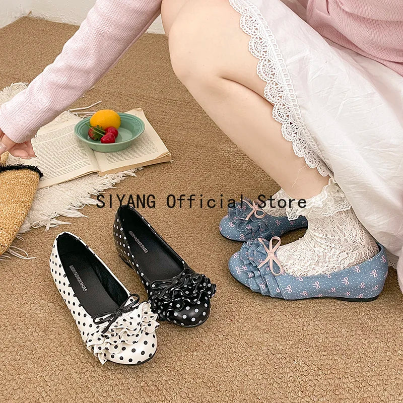 Polka Dot Mary Jane Shoes Women Sweet Ruffle Internal Elevation Shoes Ladies Soft Sole Slip On Daily Comfort Dress Footwear