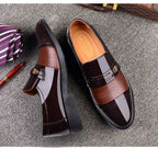 Mens Formal Two Tone Patent Leather Loafers Pointed Toe Slip On Shoes With Metal Buckle Low Heel Comfortable Non Slip Breathable