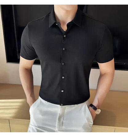 Men's White Business Casual Shirt, Fitted Striped Elastic Short-sleeved Shirt, Exquisite Embroidered Summer Formal Work Uniform.
