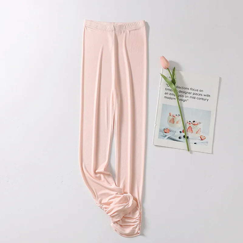 Birdtree Women Leggings Knitted Natural Silk 3/4 Length Slim Pants Anti Emptied Bottoms Black Khaki Summer 2023 New B37129QC
