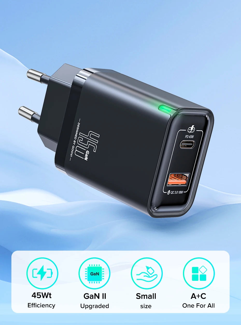 QOOVI GaN 45W USB Charger Fast Charging USB Type C Wall Charger PD QC3.0 Quick Charge For iPhone Samsung S23 S21 Laptop Tablet