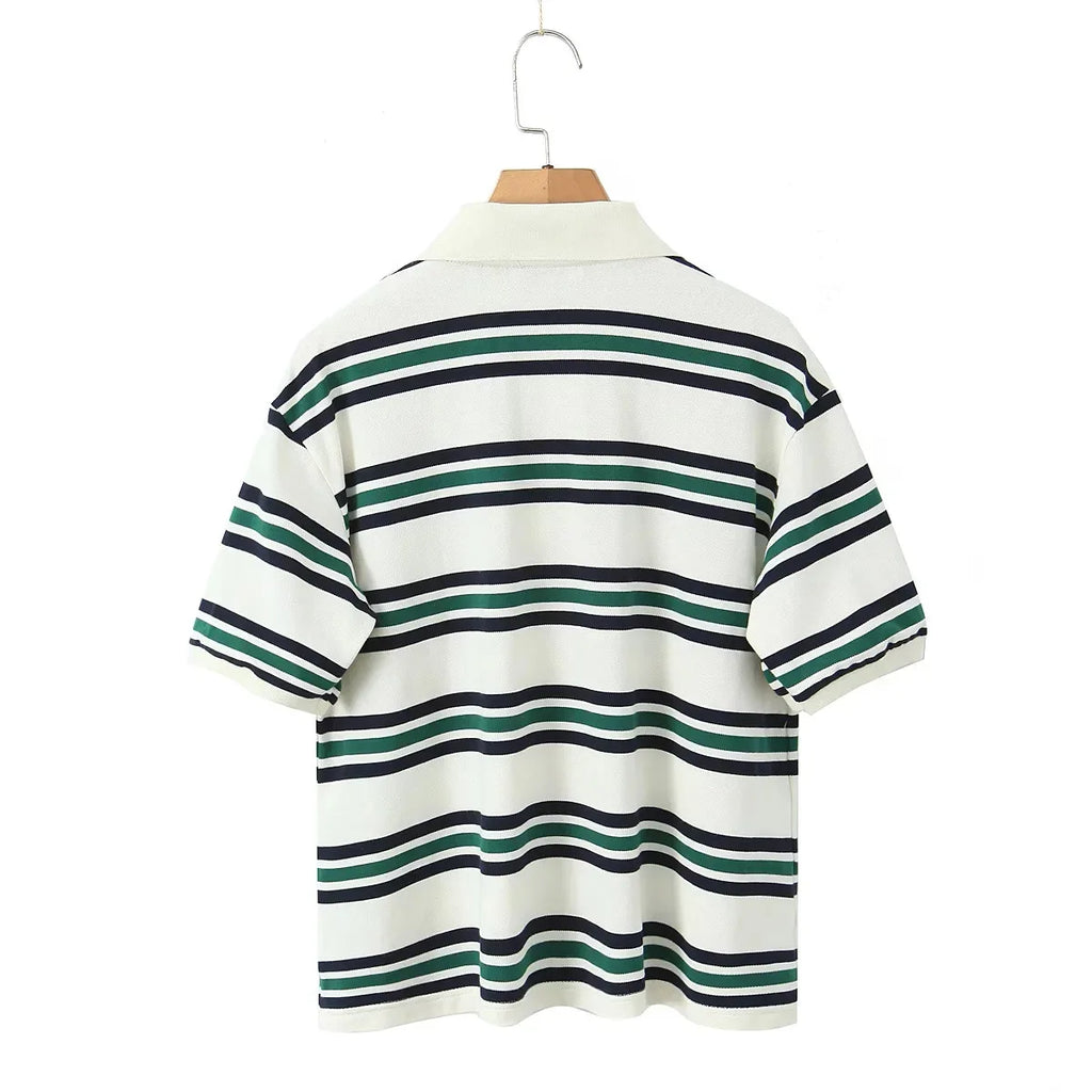 Summer Ladies Polo Shirts Woman Shorts Short Sleeve Brown Striped Vintage Clothes Polo Shirts Mujer Streetwear Crop Tops Casual