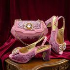 2026 Italian Luxury Rhinestone Taro Royal Blue Open Toe High Heel Shoe And Bag Set for Women - Perfect for Parties Wedding