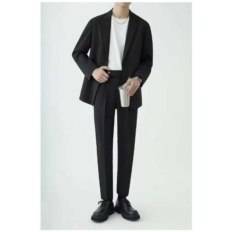 KIDWHXR Men 2-piece Outfit Loose Single-breasted Blazer Male Straight-leg Pant Man Korean Simple Solid Business Casual Suit Set