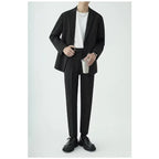 KIDWHXR Men 2-piece Outfit Loose Single-breasted Blazer Male Straight-leg Pant Man Korean Simple Solid Business Casual Suit Set