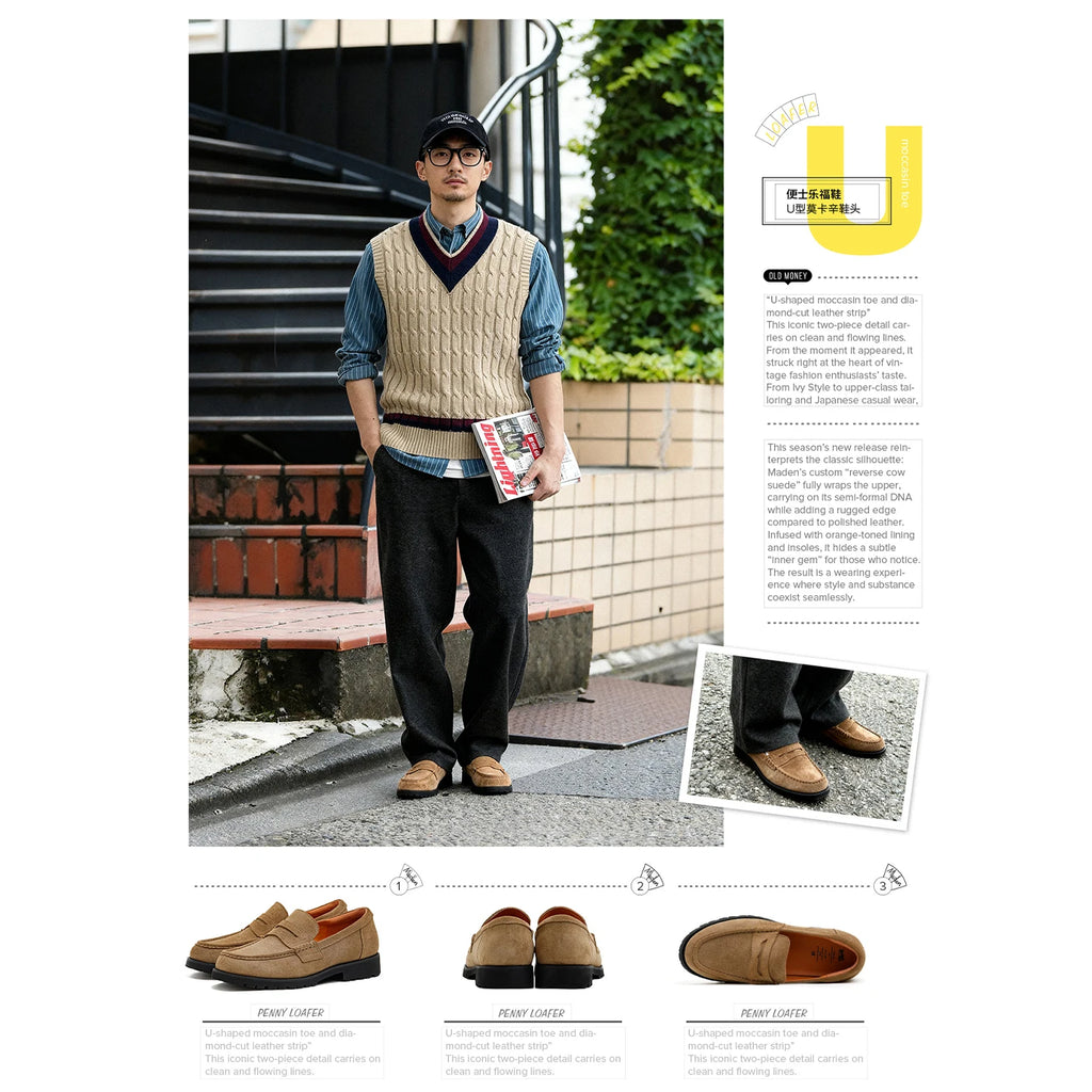 Maden Men's Vintage Suede Cowhide Penny Loafers Old Money Style Slip-On Shoes Brown Dress Casual Low Top Boots for Fall