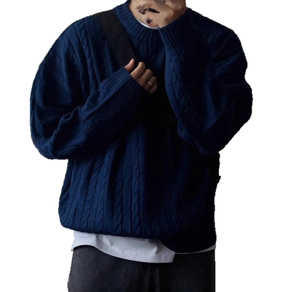 Men's Knitting Sweater 2026 Spring Autumn 0-neck Long Sleeve Knit Sweater Dark Blue Hemp Pattern Drop Shoulder Thicken Pullover