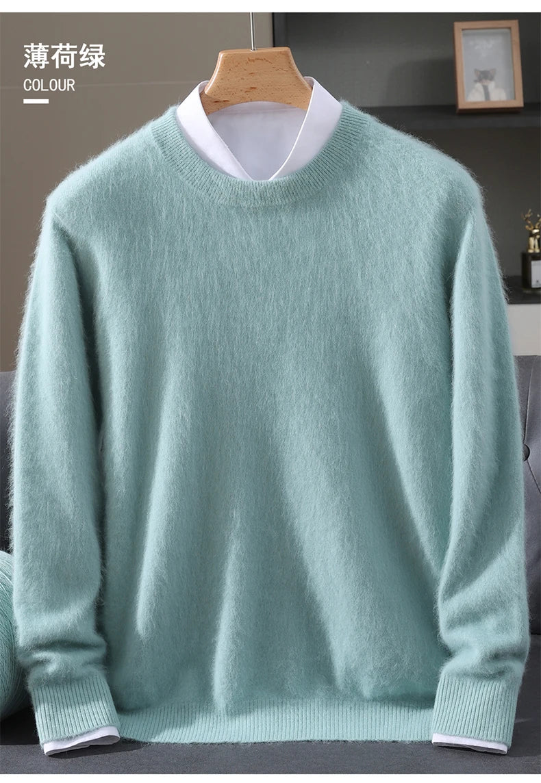 Autumn Winter 100% Mink Cashmere Sweater Men's Round Neck Pullover Loose Solid Color Plus Size Base Knit Business Casual Sweater