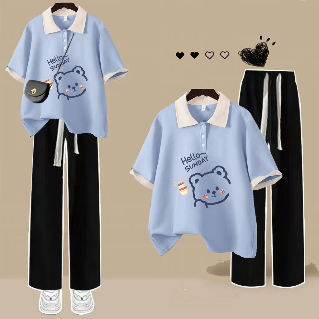 Fashion Polo Neck Short Sleeved T-shirt Cute Teddy Bear Loose Top Women Casual Tee