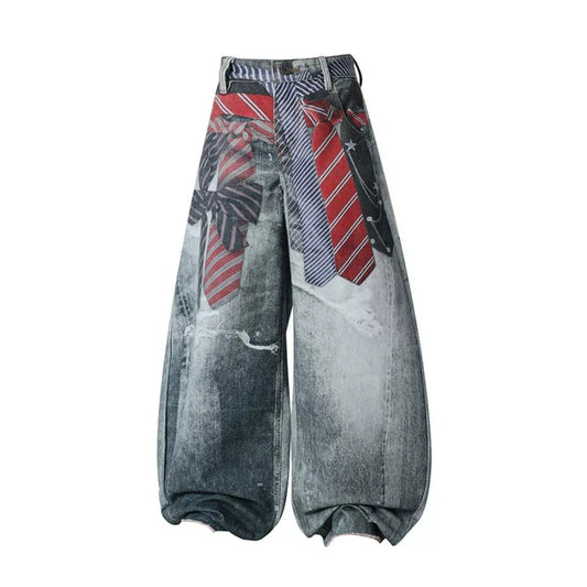 Women American Vintage Print Tie Machete Pattern Jeans Loose Wide Leg Street Hot Girl Design All Match Denim Long Trousers