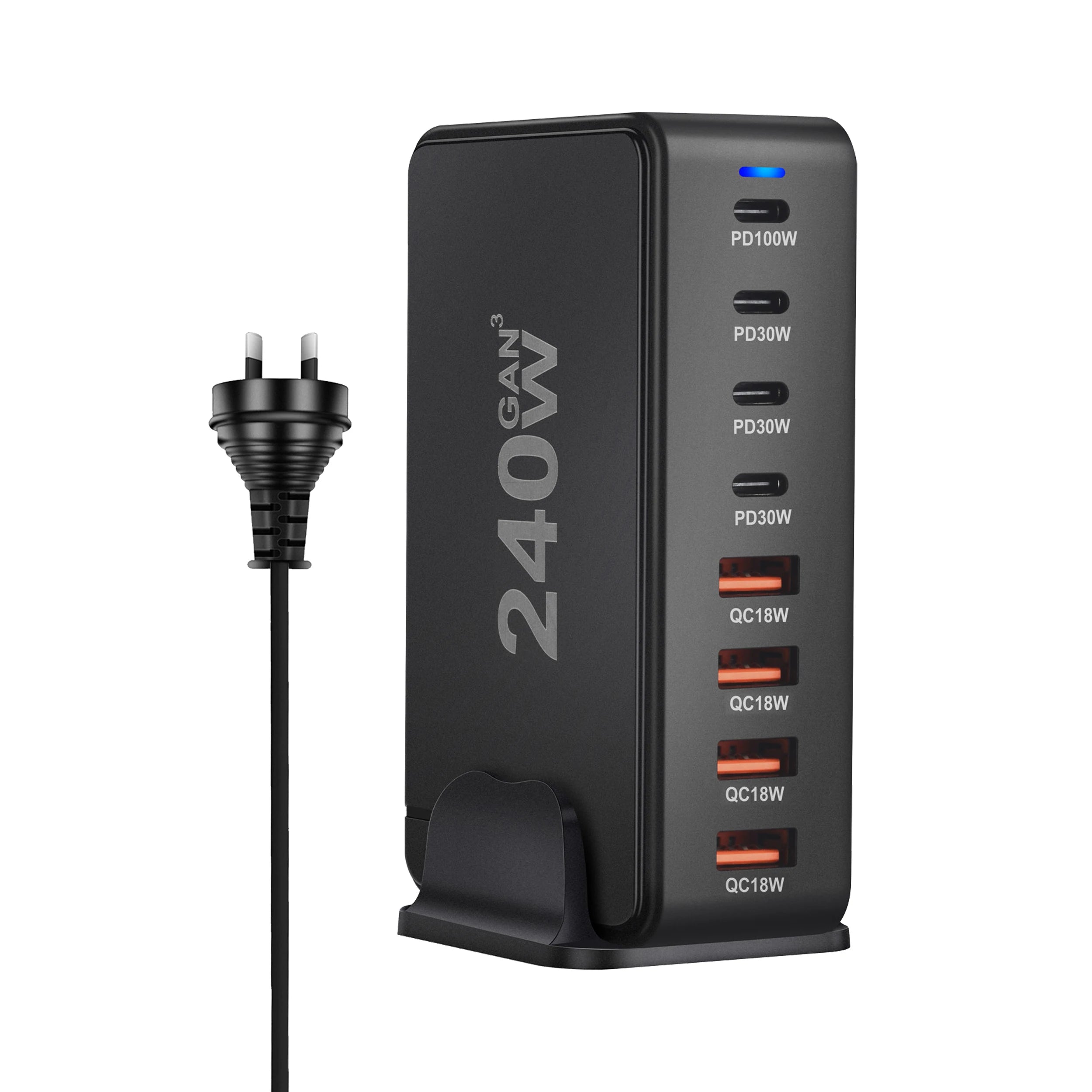240W GaN desktop charger with 8 USB-C ports, supports PD 3.0 fast charging and is compact & portable