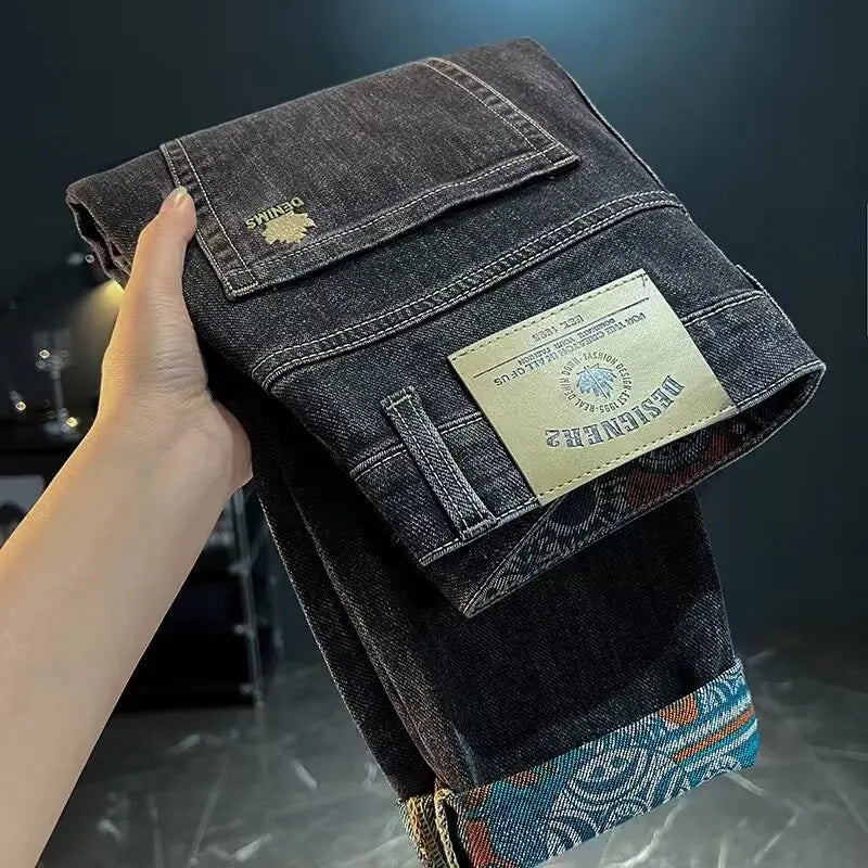Men's Denim Pants Are Worn Washed Embroidered Smple Straight and Slim Fit With Small Legs