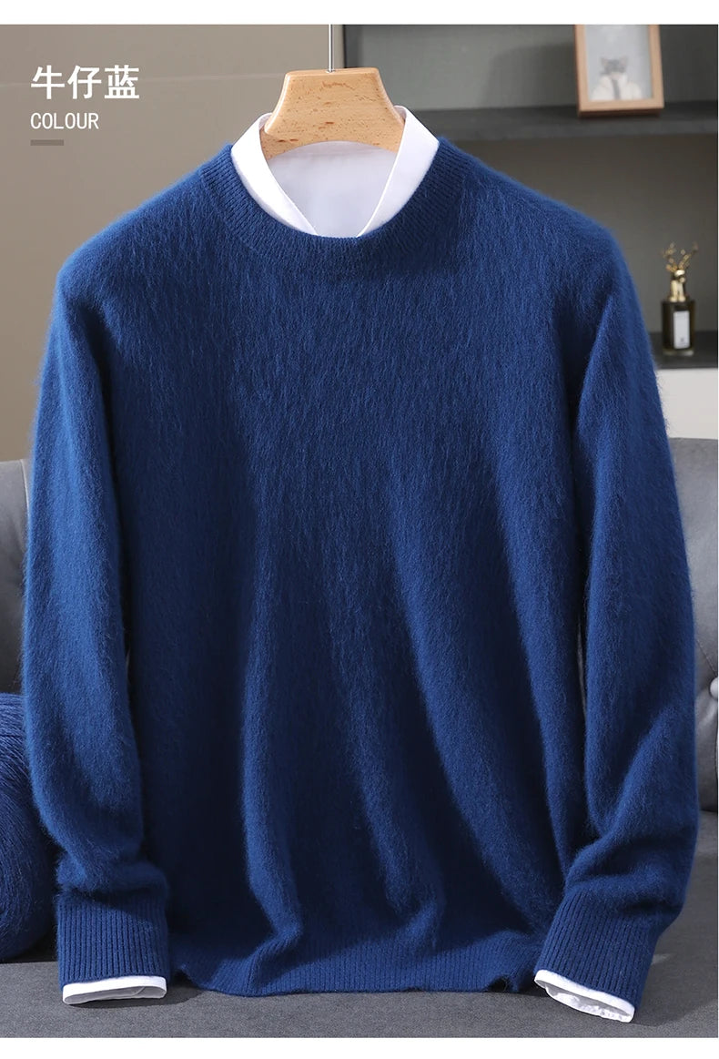 Autumn Winter 100% Mink Cashmere Sweater Men's Round Neck Pullover Loose Solid Color Plus Size Base Knit Business Casual Sweater