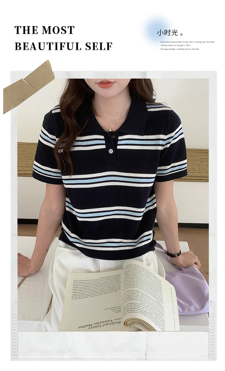 WinvyNee Summer Top Women's 100% Cotton Striped Polo T Shirt Women's Clothing Short Sleeve Casual Oversized Pullover A1522077