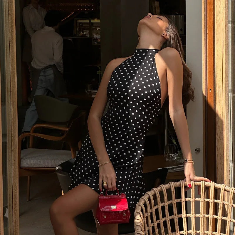 Polka Dot Elegant Off Shoulder Sleeveless Backless High Waist Halter Mini Dress Y2K Summer Fashion Club Party Vestidos
