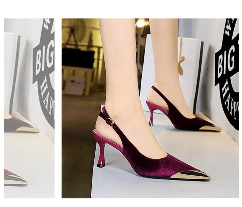 Elegant Women Green High Heel Velvet Pumps Wedding Party Slingback Sandals Metal Pointed Toe Hollow Buckle Wine Red Shoes