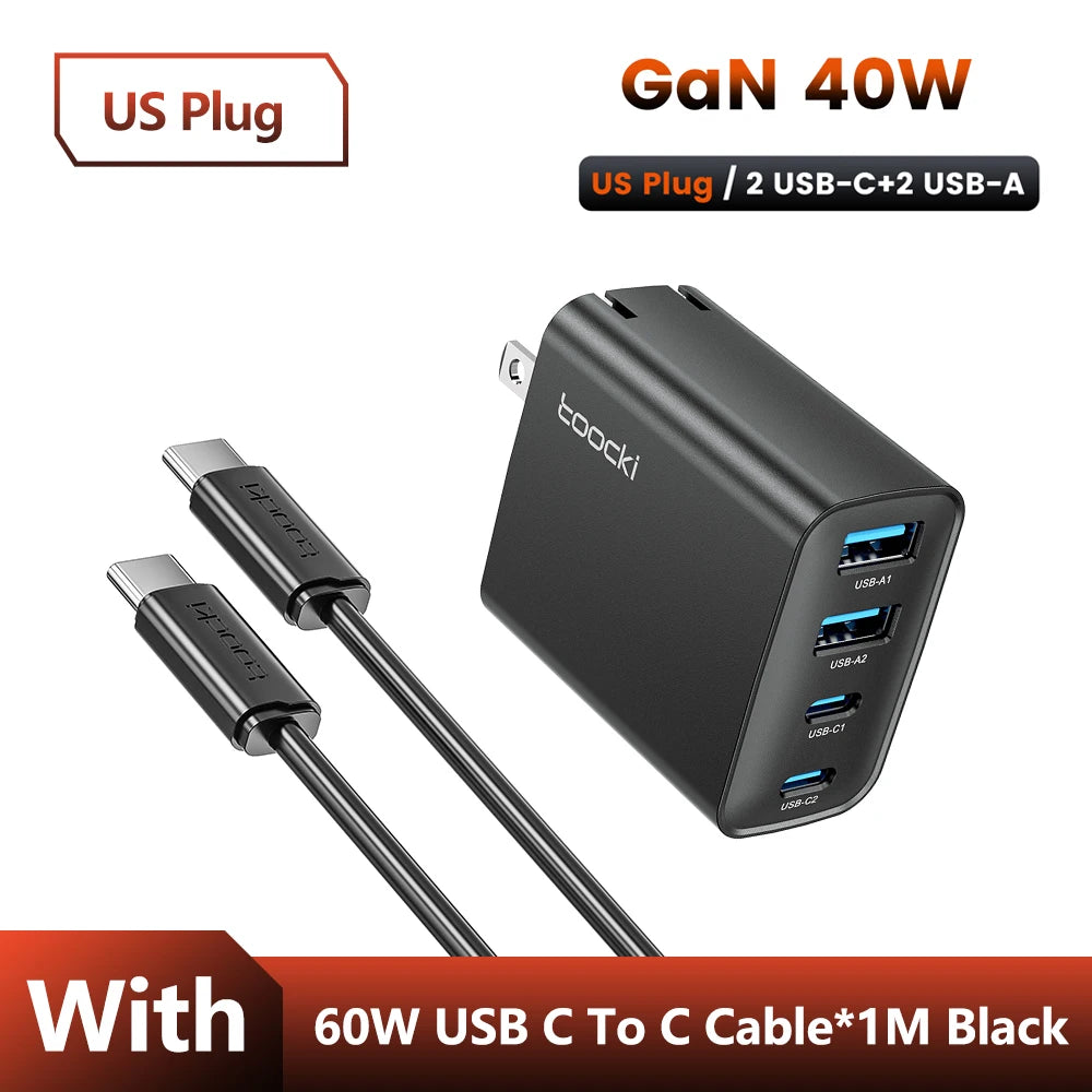 Toocki 40W GaN Fast Charger QC4.0 PD3.0 AFC SCP 4 Port USB Type C Charger for iPhone 16 15 14 Samsung S25 S24 Xiaomi Huawei OPPO