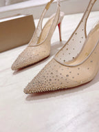 New full diamond hot stamping mesh back empty sandals for women with slim heels and pointed, sweet and breathable high heels