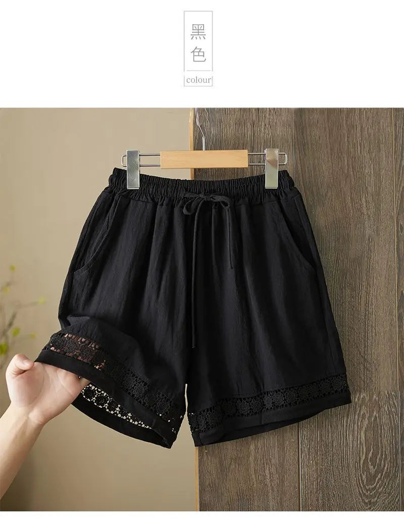 Women's Summer Retro Hollow Lace Trim Linen Shorts Elastic Drawstring Waist Casual Commute Wide Leg Pants