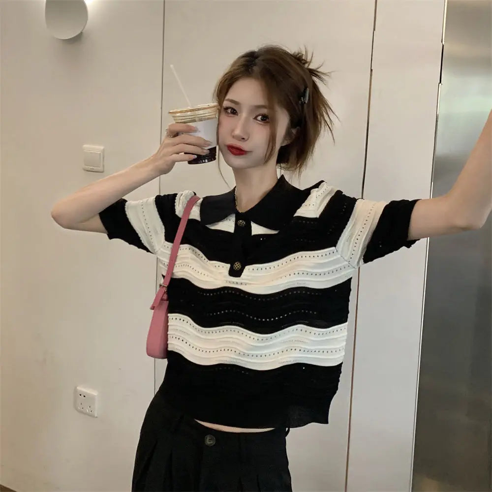 POLO Hollow Out Breathable Short Sleeve T Shirt Knit Striped Crop Top Aesthetic Clothing Summer Blouses For Women