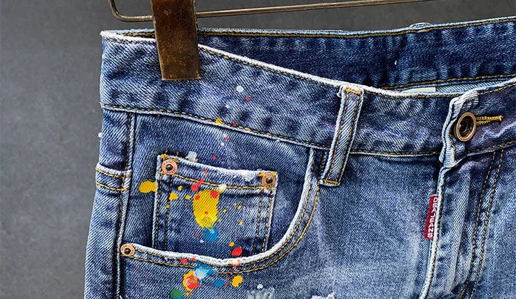2025 Summer New Fashion Trend Printed Ripped Straight Stretch Jeans Men's Casual Loose Sports High Quality Denim Shorts 28-36