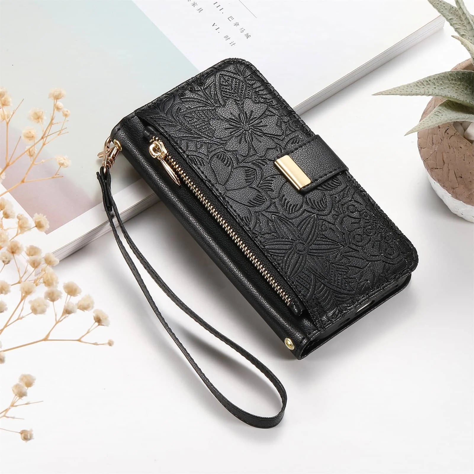 Compatible with iPhone 17/16e/15/14/13/12 Pro Max 16 Plus Lanyard Zipper Wallet Case Dual Card Holder Flip Stand Magnetic Buckle