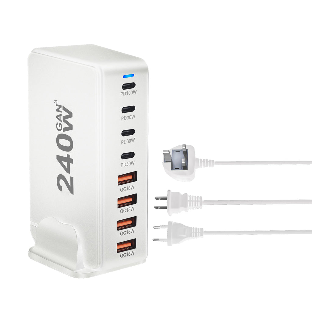 240W GaN desktop charger with 8 USB-C ports, supports PD 3.0 fast charging and is compact & portable