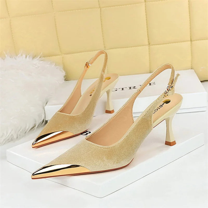 Elegant Women Green High Heel Velvet Pumps Wedding Party Slingback Sandals Metal Pointed Toe Hollow Buckle Wine Red Shoes