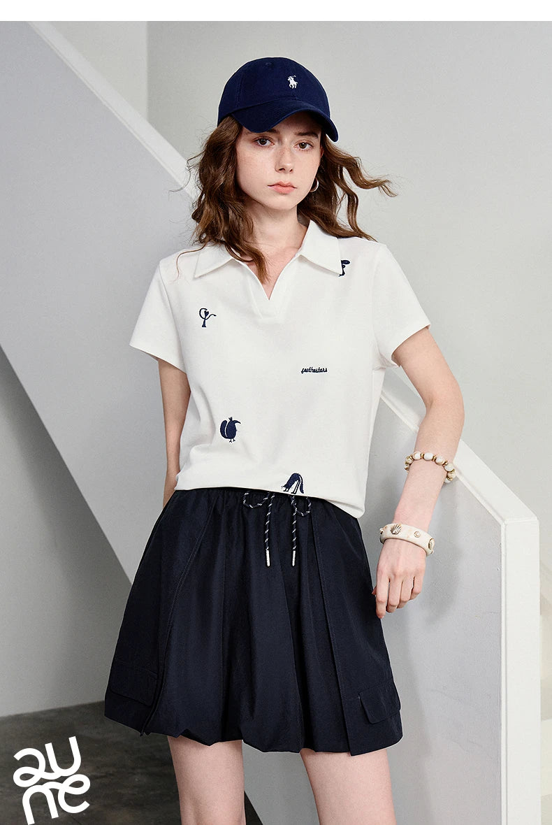 TOYOUTH Women Polo T-Shirt 2026 Summer Joint Name with Gongchangzhang Embroidered V-Neck Age-Reducing Trendy Tops