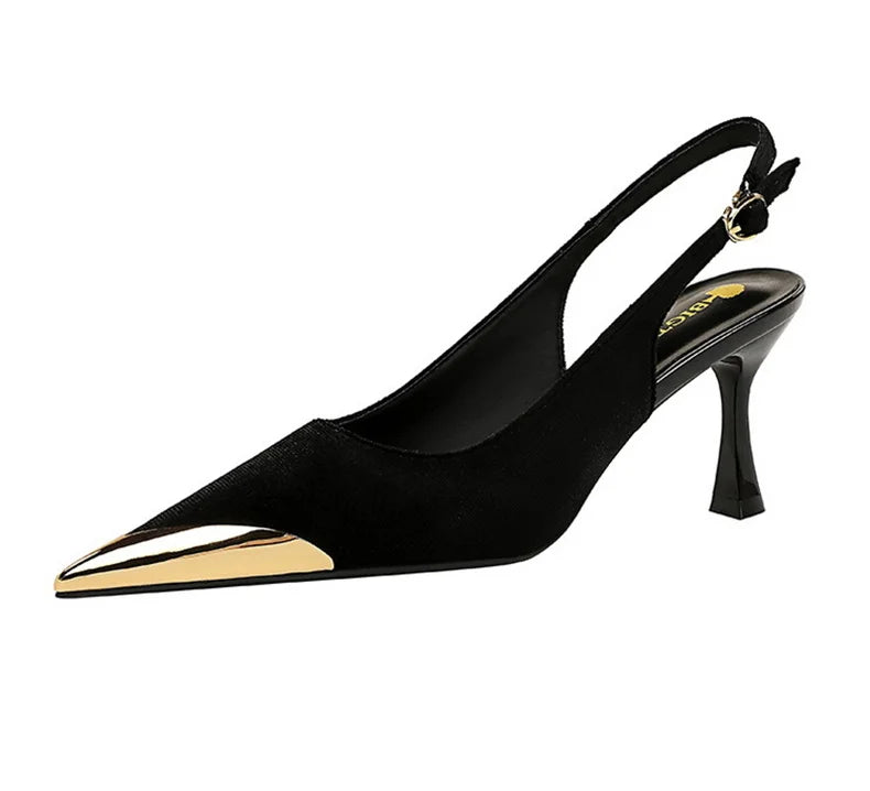 Elegant Women Green High Heel Velvet Pumps Wedding Party Slingback Sandals Metal Pointed Toe Hollow Buckle Wine Red Shoes