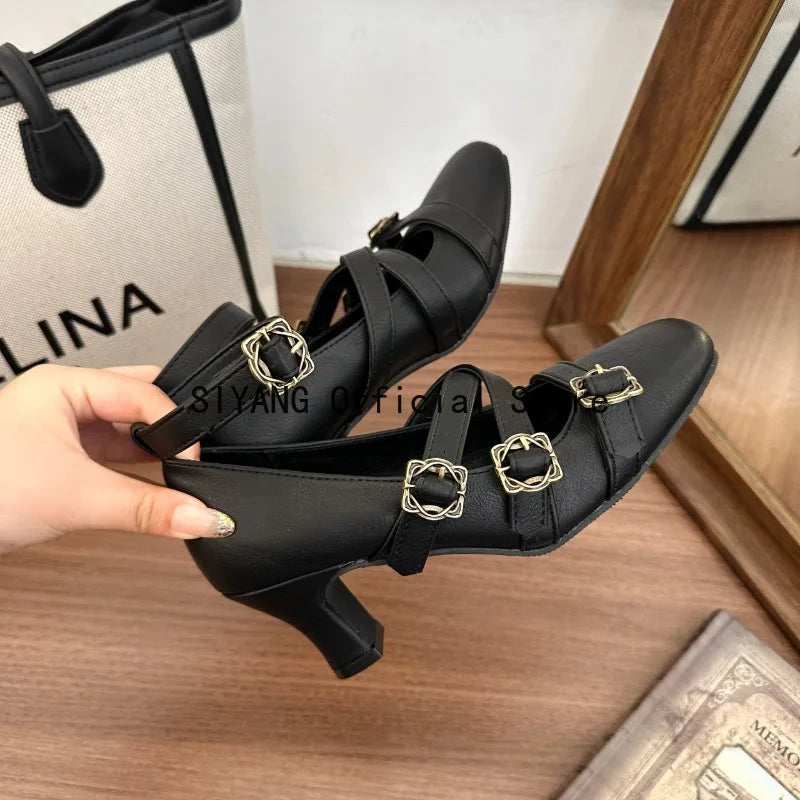 Sweet Lolita Cross Buckle Strap Women Mary Jane Shoes Fashion Multi Metal Buckle Shoes Retro Wedding Party Dress Ladies Pumps