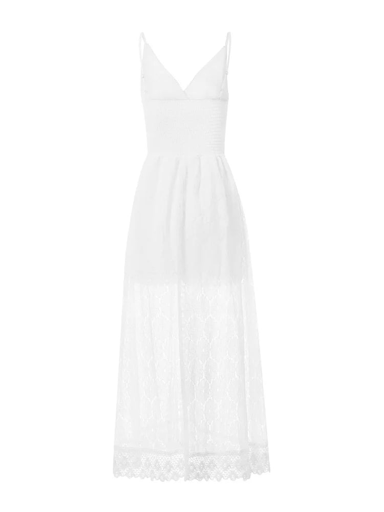 Summer Women Lace Playsuit Dress Sleeveless V Neck Hollow Out Irregular Midi Dress Sexy Elegant Casual Bohemian Dresses