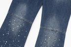American retro washed letter spliced denim trousers high street trendy brand couple loose straight micro-flared long trousers