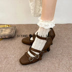 Sweet Lolita Cross Buckle Strap Women Mary Jane Shoes Fashion Multi Metal Buckle Shoes Retro Wedding Party Dress Ladies Pumps