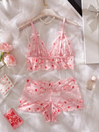 Ladies Love Contrast Pink Lace Lingerie Set Women Sheer Bra & Brief Sets Sexy Crotchless Panties Intimates Underwear For Women
