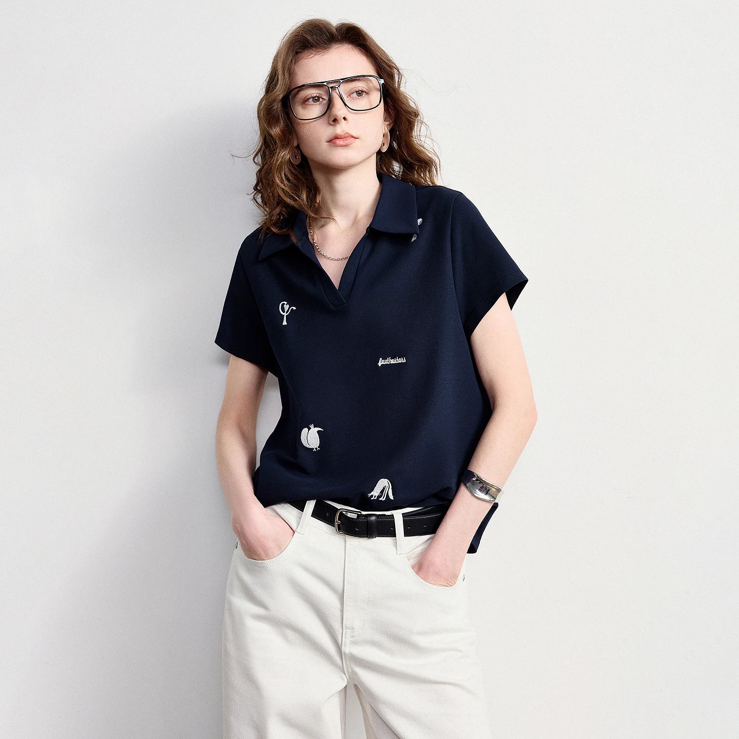 TOYOUTH Women Polo T-Shirt 2026 Summer Joint Name with Gongchangzhang Embroidered V-Neck Age-Reducing Trendy Tops