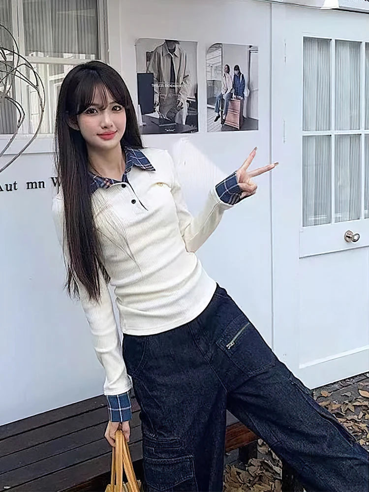 Preppy Polo Neck Plaid Long Sleeve Layered T Shirt Women Fake Two-piece Basic Top V Neck Button Blouses Tees Embroidery