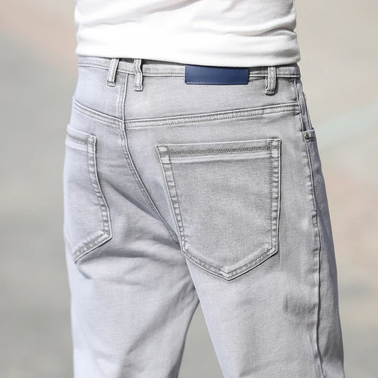 2026 Summer Brand New Men's Straight Loose Thin Jeans Simple Casual Clothing Lightweight Cotton Stretch Light Grey Jeans