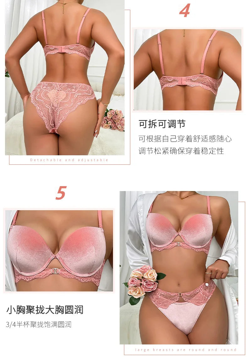 Autumn and Winter Velvet Bra Set Women's French Lace Patchwork Underwear Sexy Soft Steel Ring Ultrathin Lingerie Suit