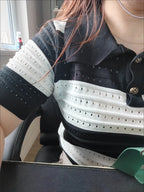 POLO Hollow Out Breathable Short Sleeve T Shirt Knit Striped Crop Top Aesthetic Clothing Summer Blouses For Women