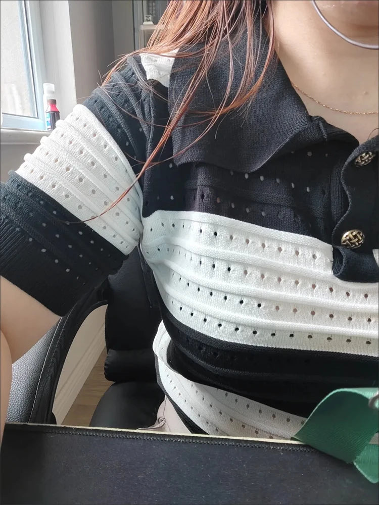 POLO Hollow Out Breathable Short Sleeve T Shirt Knit Striped Crop Top Aesthetic Clothing Summer Blouses For Women