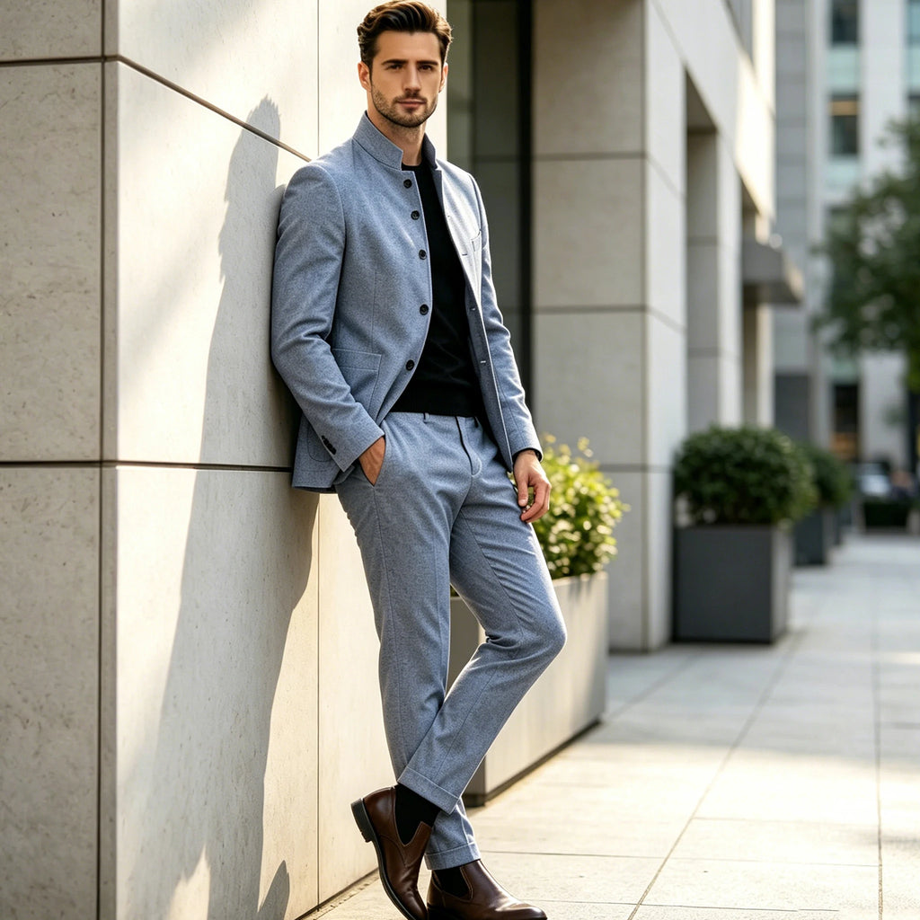 Men's Linen Stand Collar Suit 2-Piece Blazer & Pants Set Slim Fit Business Casual Tuxedo Jacket Trousers Formal Wedding Outfit