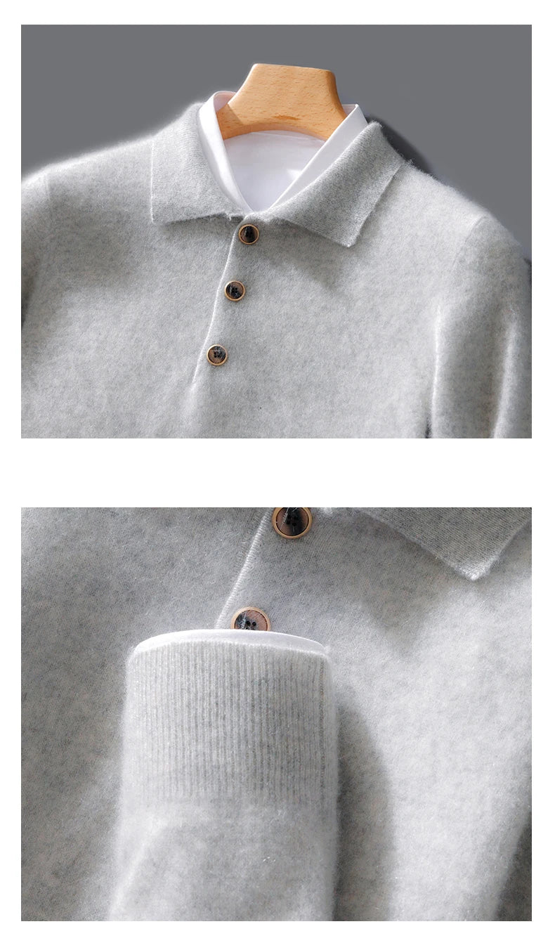 Autumn And Winter New 100 Pure Wool Sweater Men's POLO Collar Button Loose Pullover Sweater Cashmere Knitted Bottoming Shirt