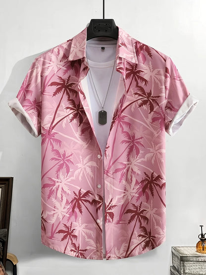 New Men Palm Tree Print Hawaiian Shirt Tropical Beach Aloha Shirt Casual Short Sleeve Button Down Summer Vacation Shirts